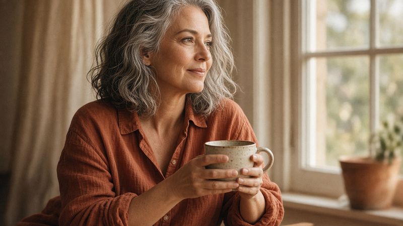 A woman in her fifties with long gray hair, in a rust linen shirt, holds a mug and looks out a sunlit window