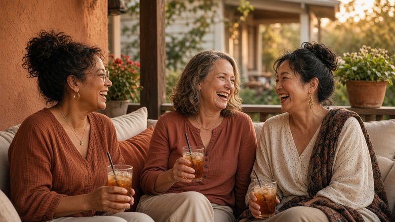 Three women in their fifties laughing together on a porch at golden hour